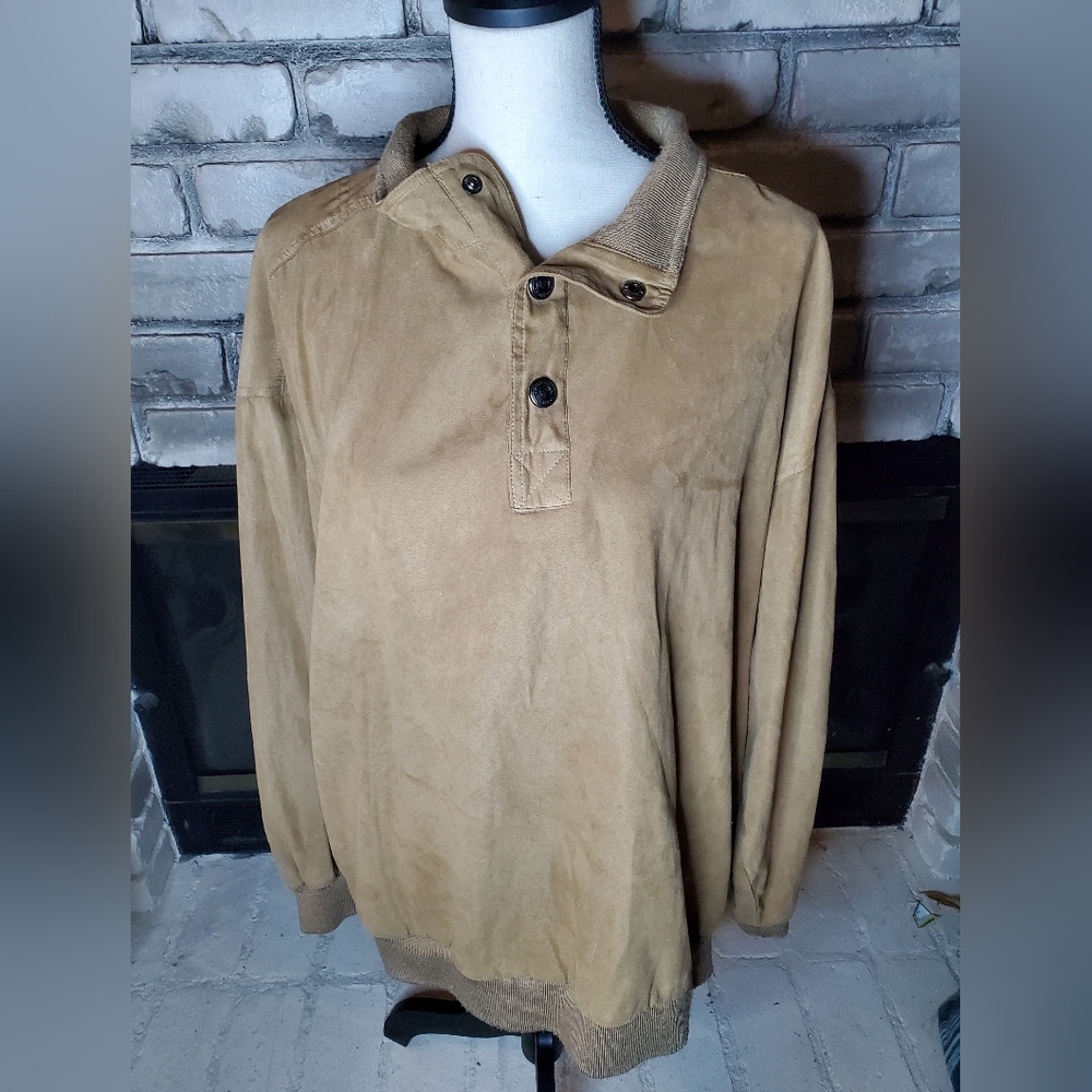 WEATHERPROOF GARMENT CO Mens Pullover Jacket 1/4 Snap Faux Suede Brown L